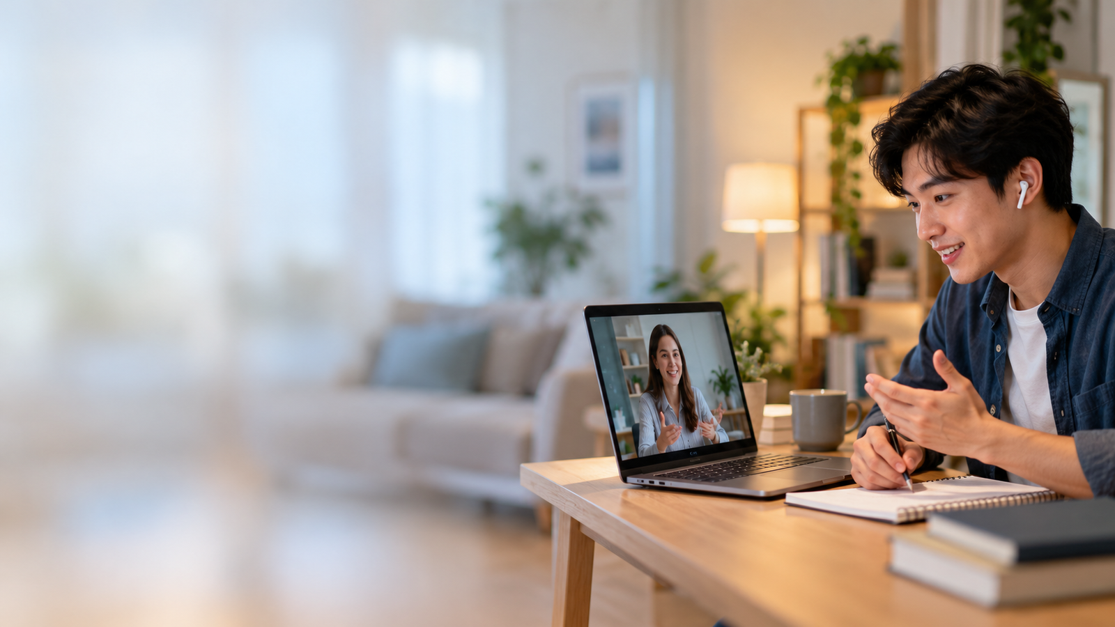 A student practicing English in a live online lesson with a teacher